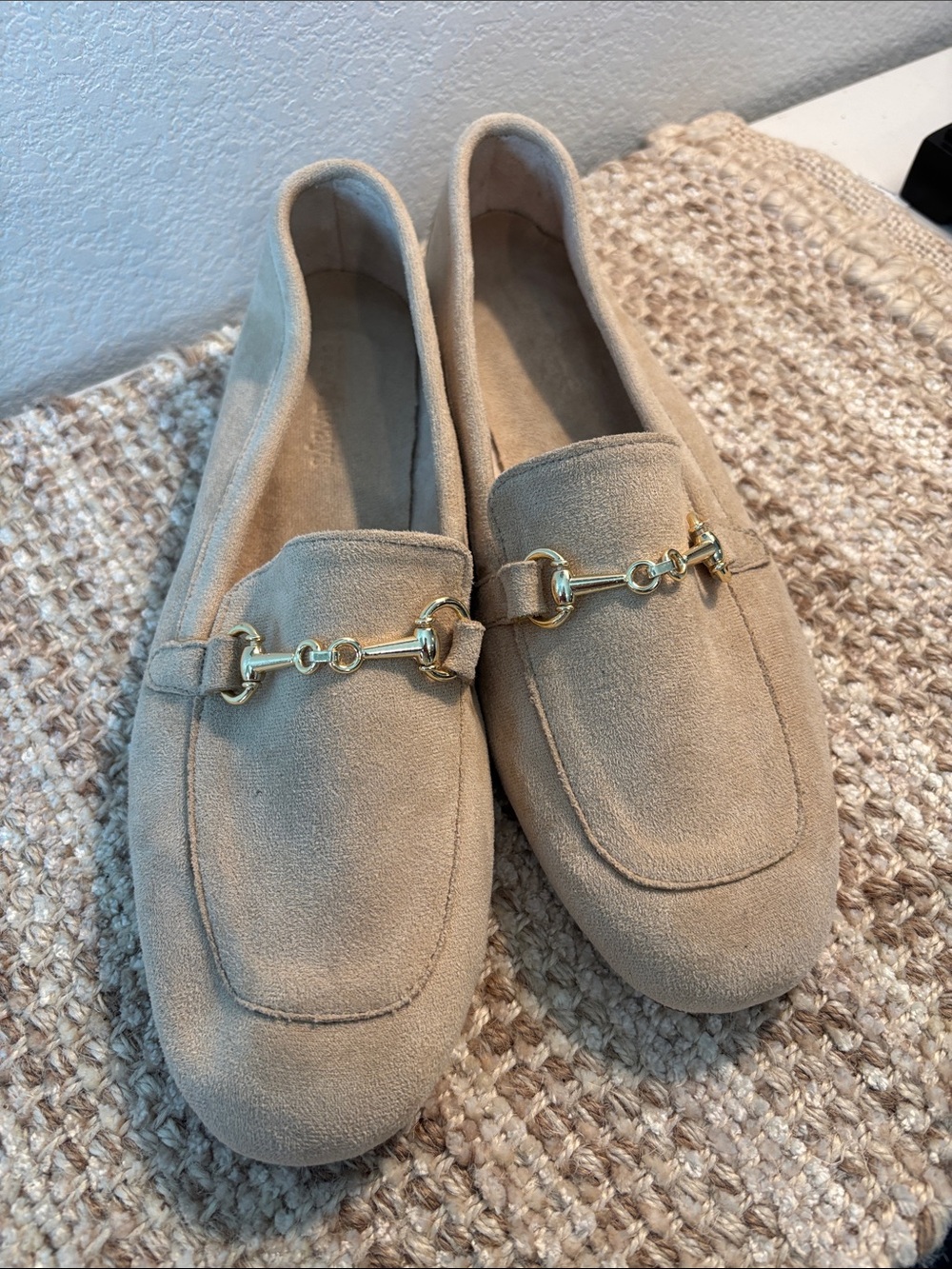 Beige Suede Loafers with Gold Hardware